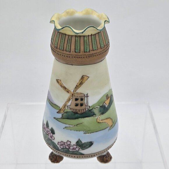 Nippon Windmill Scene White Porcelain with Moriage Details Hand Painted Vase - Picture 1 of 11